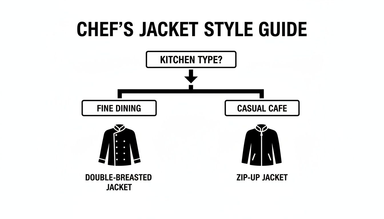 A chef's jacket style guide flowchart recommending double-breasted for fine dining and zip-up for casual cafes.