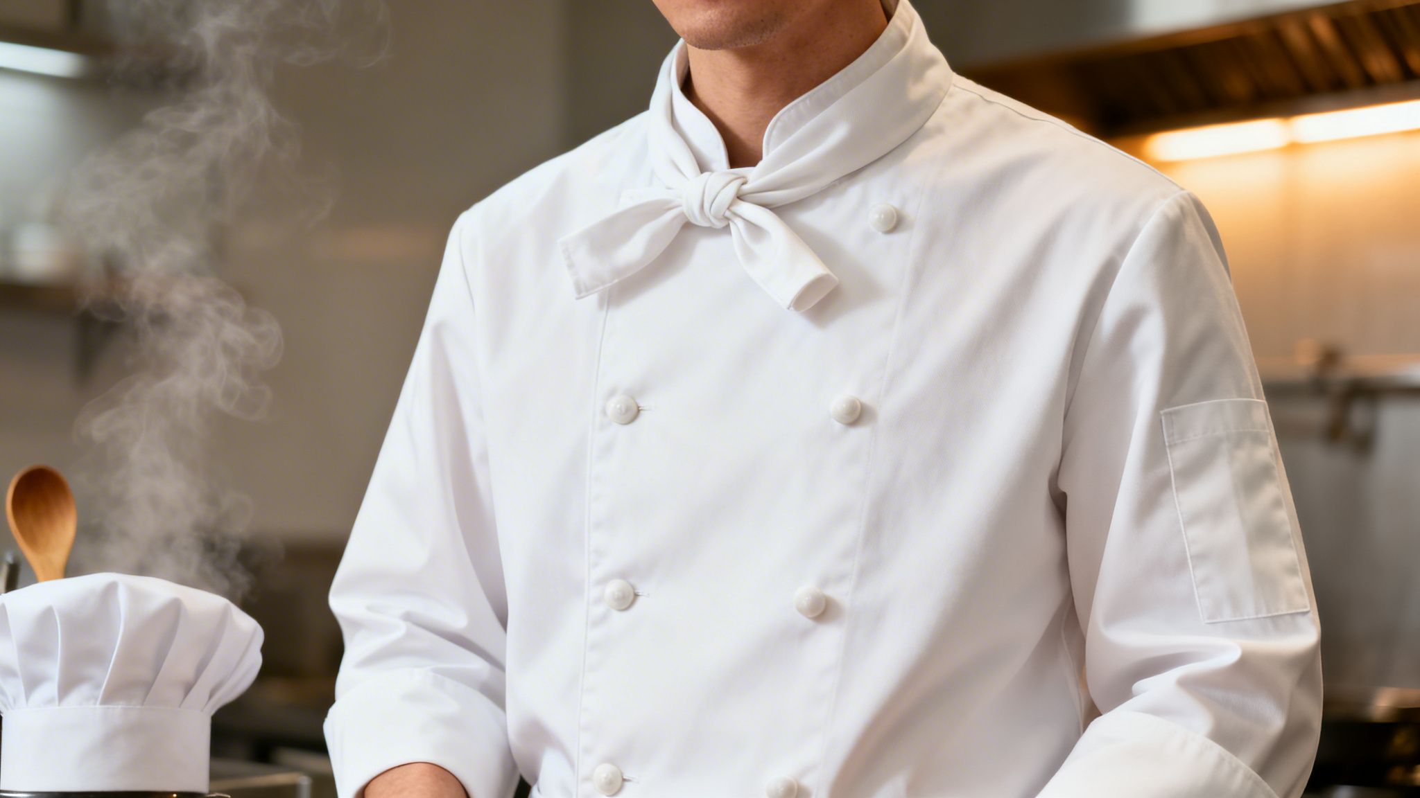 Close-up of a chef in a crisp white jacket and neckerchief working in a professional kitchen.