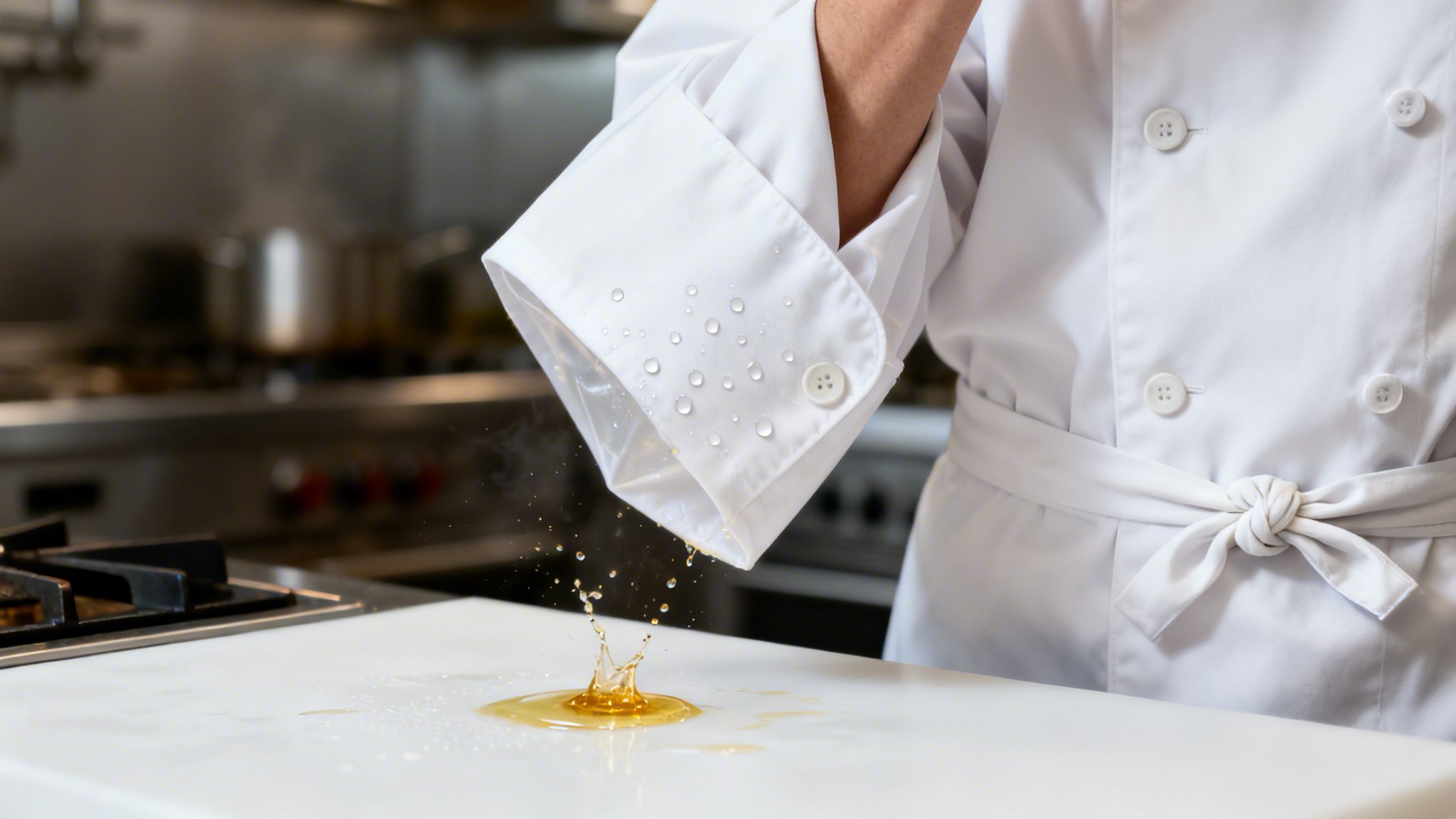 A chef in a white, water-repellent jacket sleeve drips liquid onto a white cutting board, causing a splash.