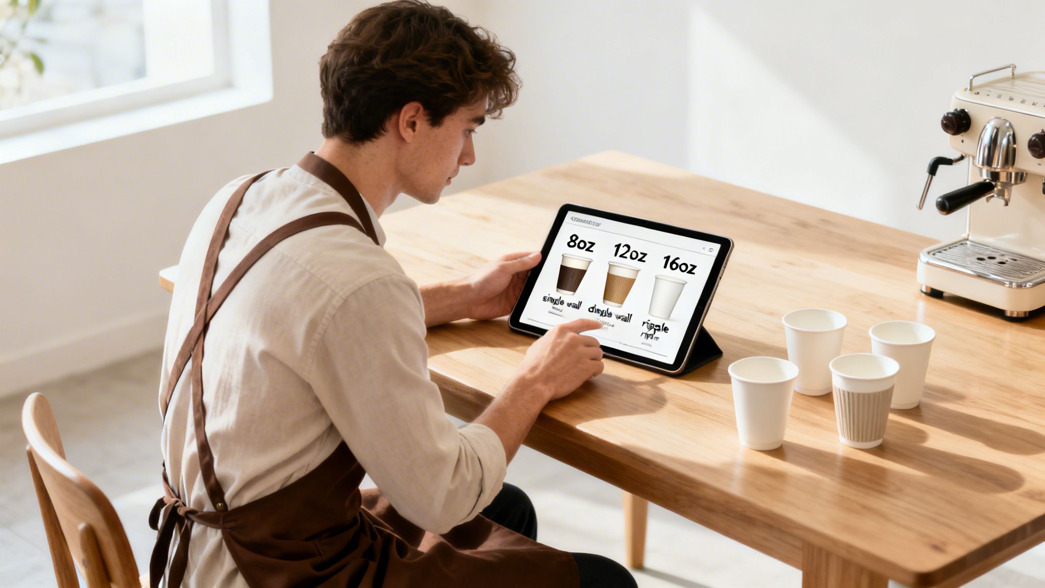 A barista in an apron uses a tablet to select different coffee drink sizes on a table.