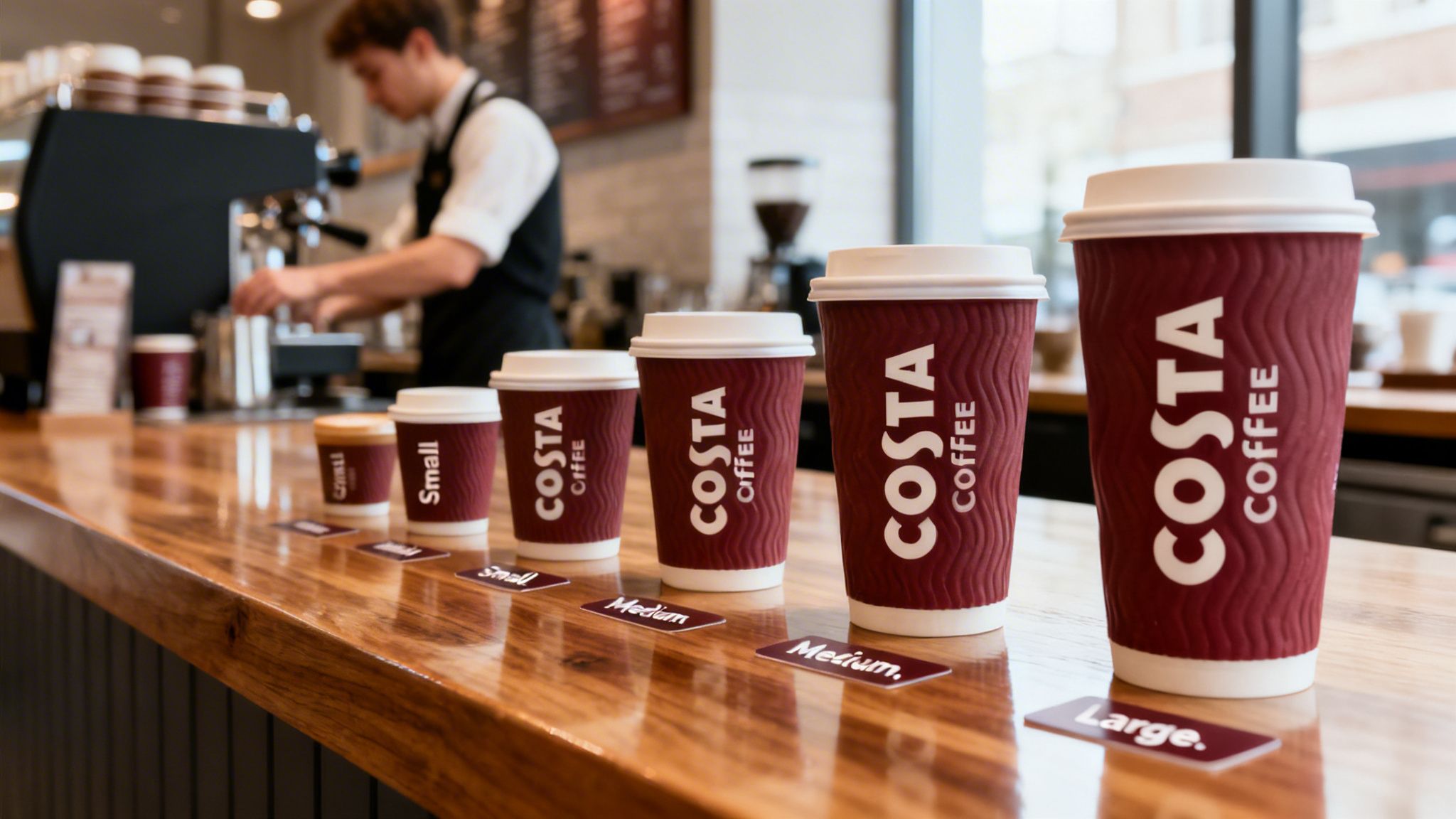 A line of Costa Coffee takeaway cups in various sizes arranged on a wooden cafe counter.