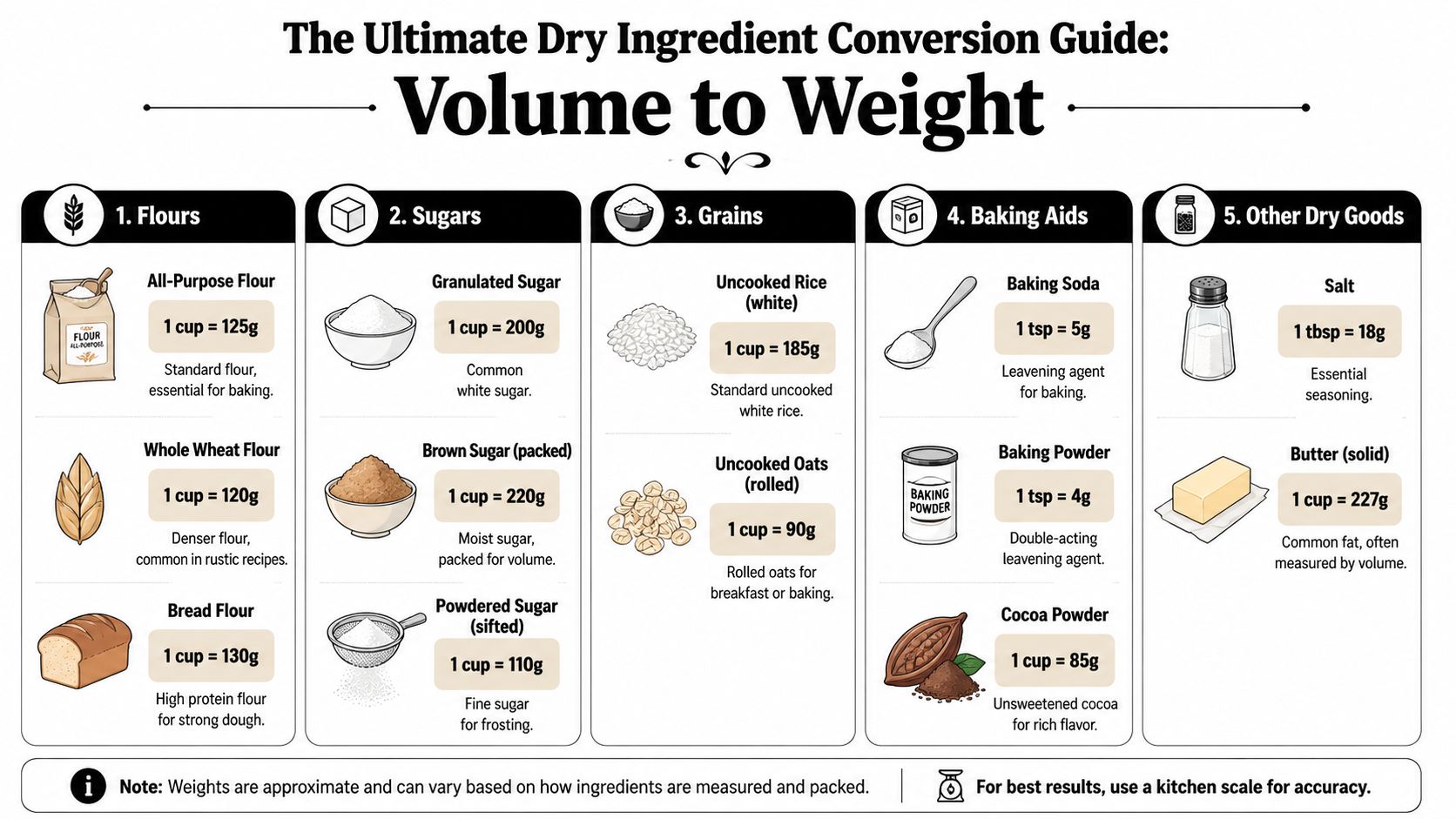 A culinary conversion chart showing the weight in grams for one cup or teaspoon of various baking ingredients.