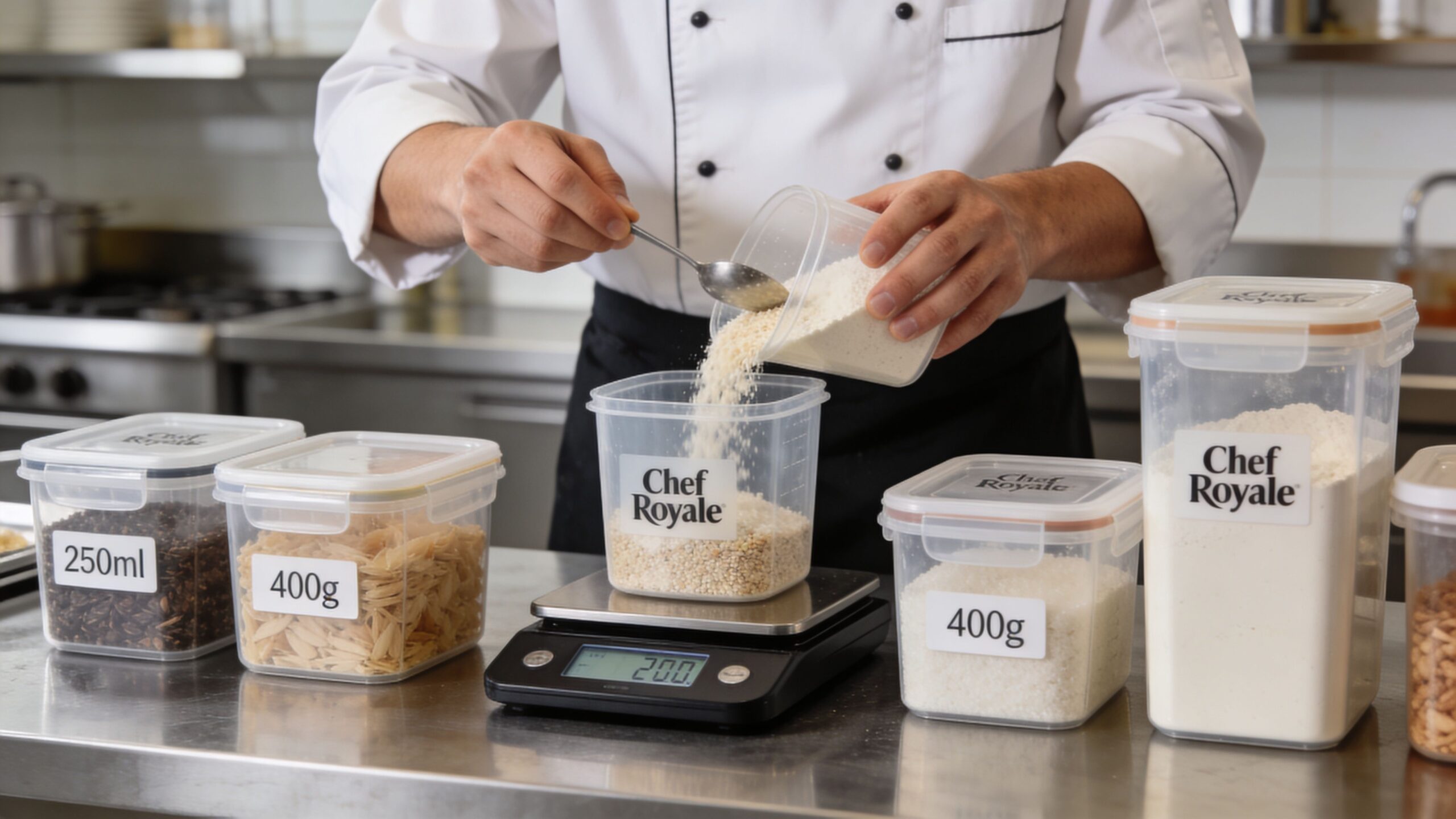 A professional chef precisely measuring ingredients into a clear storage container on a digital kitchen scale.