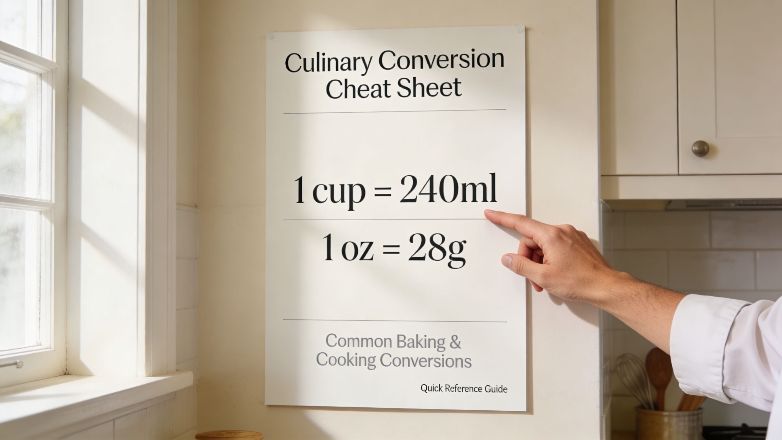 A hand pointing at a culinary conversion cheat sheet mounted on a kitchen wall displaying standard measurements.