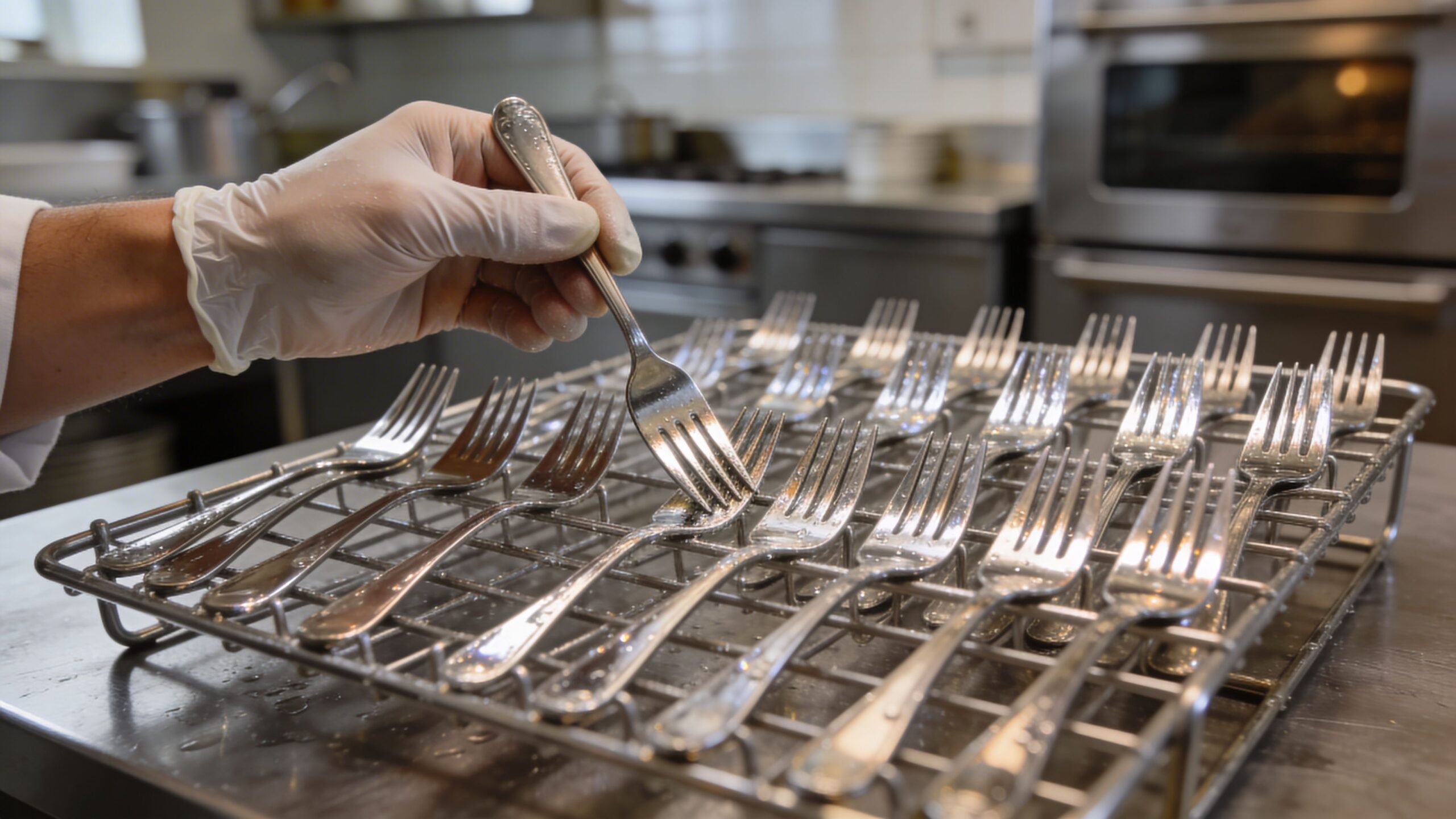 A gloved hand places a stainless steel fork into a metal drying rack filled with silverware.