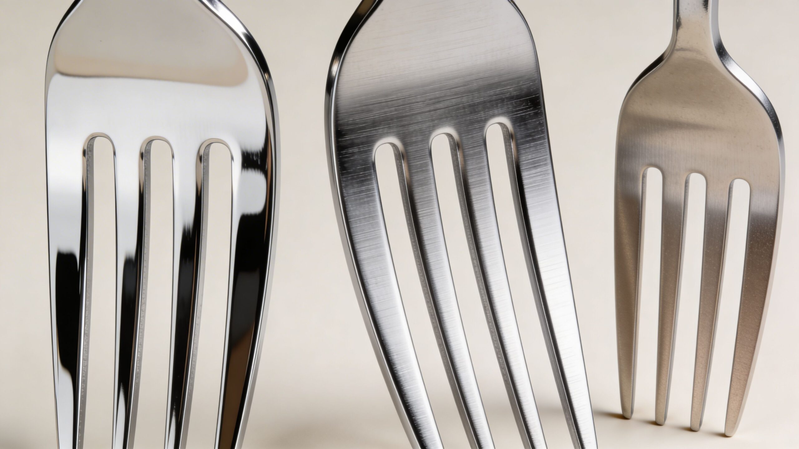 Close-up of three stainless steel forks standing upright against a neutral, light-colored background.