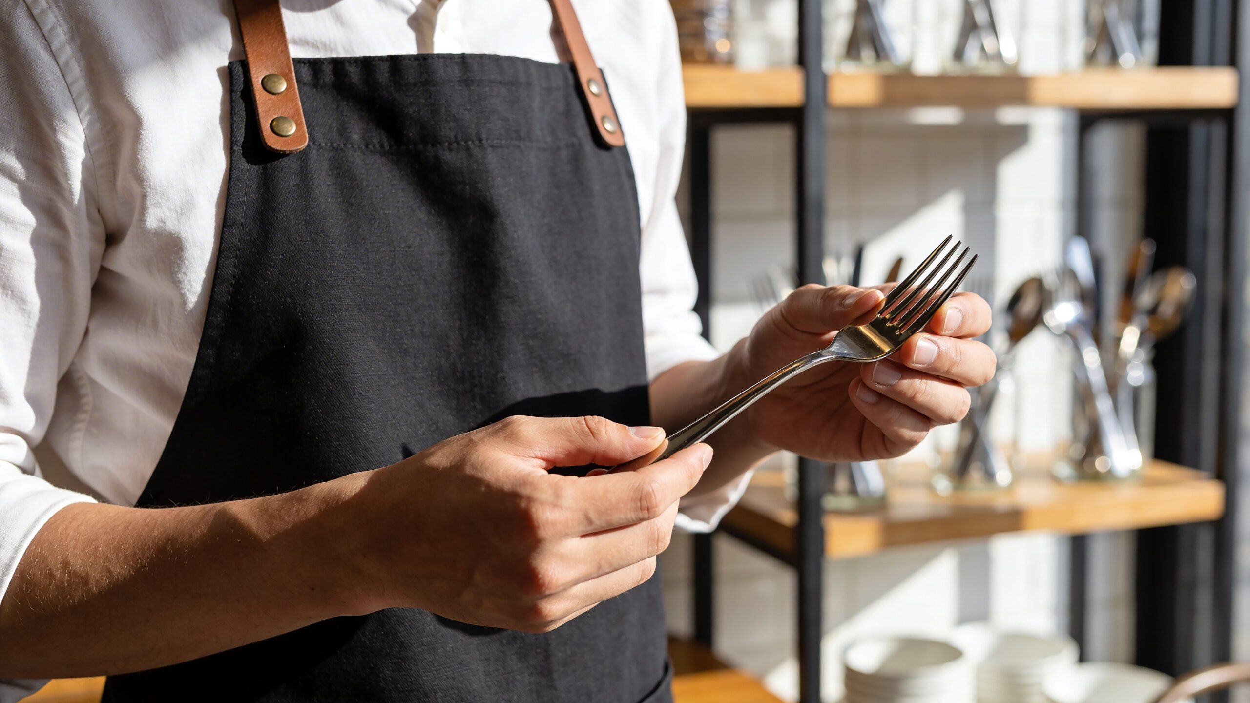 A waiter in a black apron carefully inspecting the quality of a polished stainless steel fork.