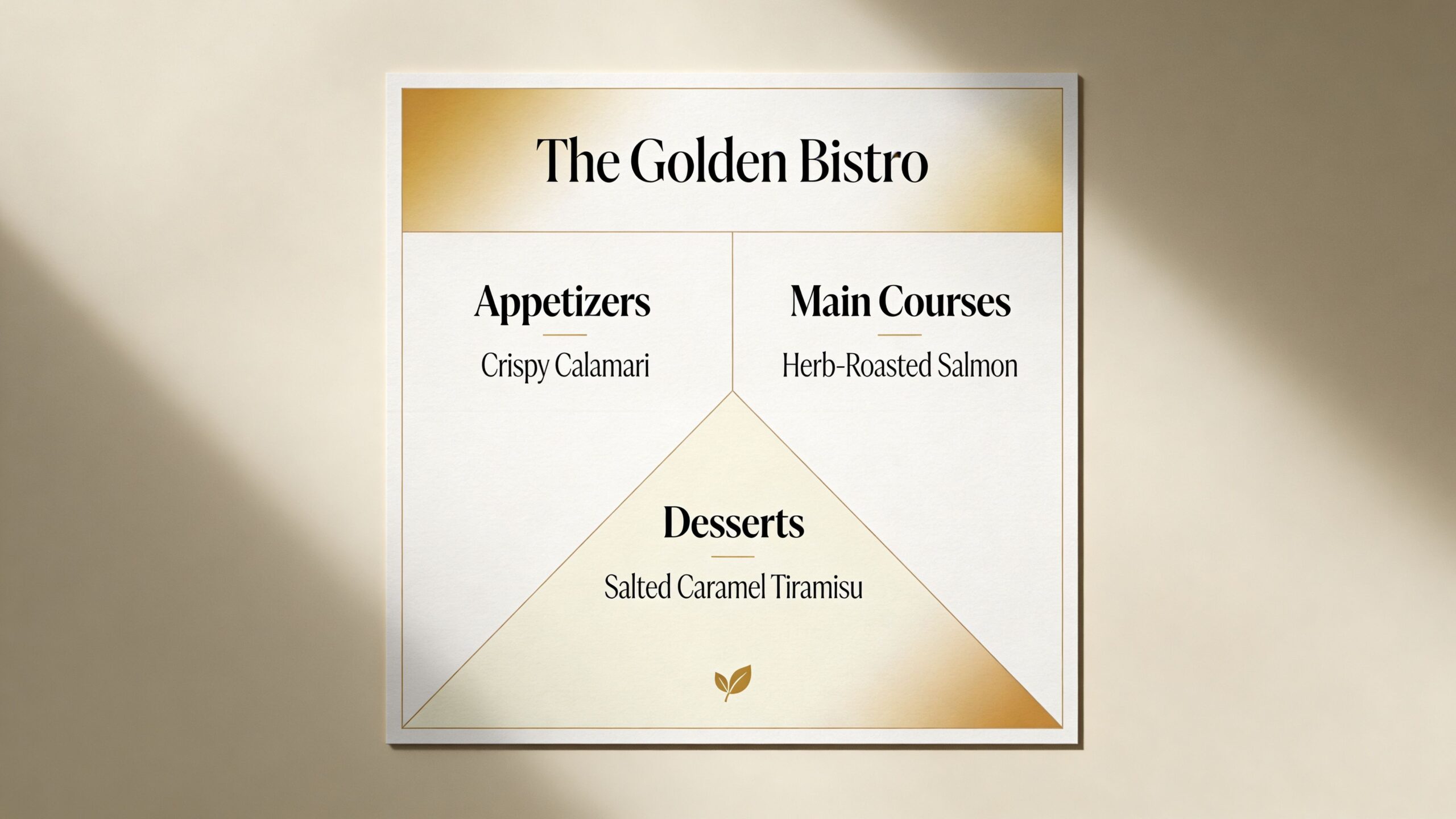 A minimalist menu for The Golden Bistro featuring Appetizers, Main Courses, and Desserts displayed on a card.