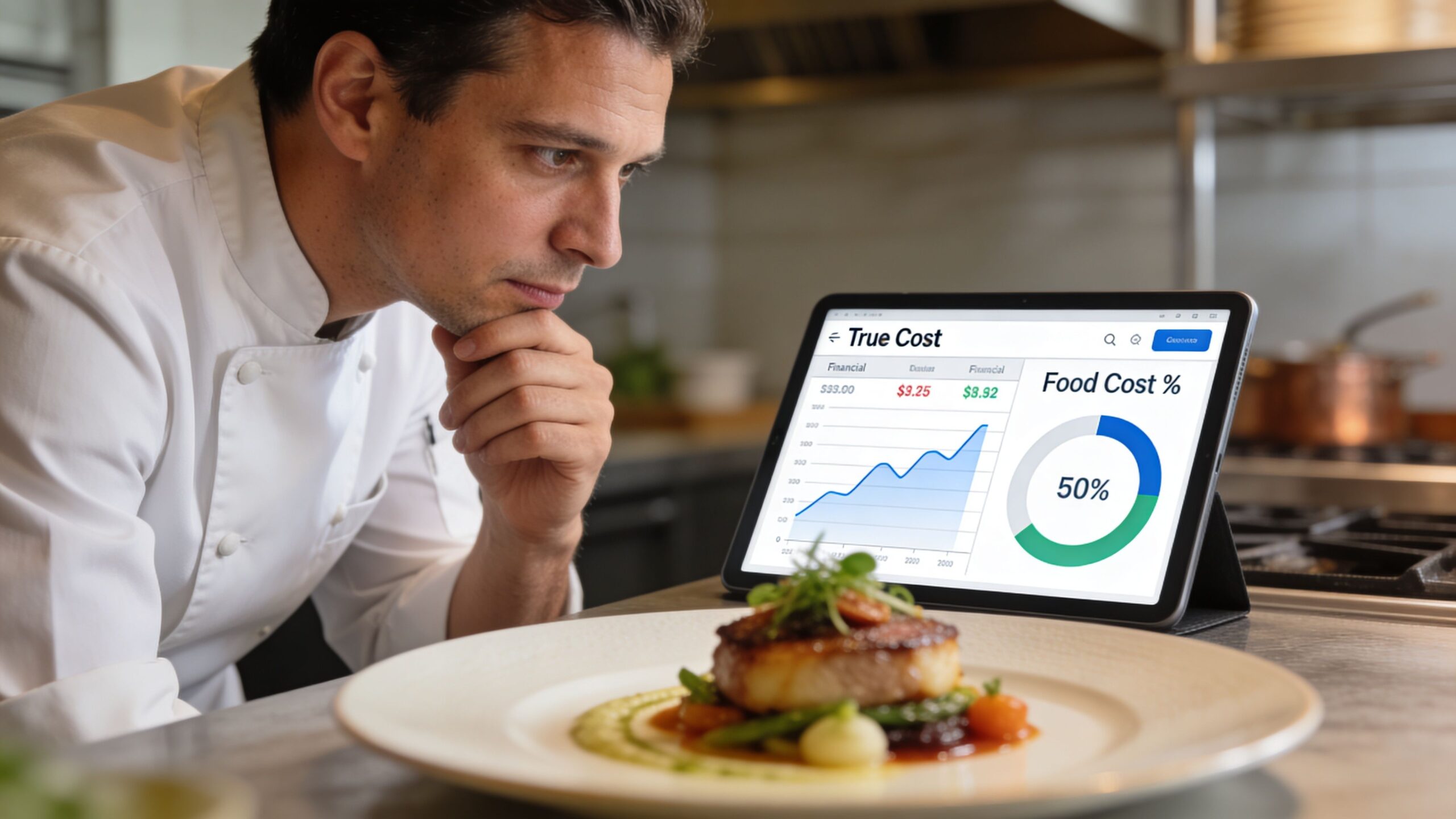 A professional chef intently analyzes a tablet displaying food cost data and a gourmet dish in a kitchen.