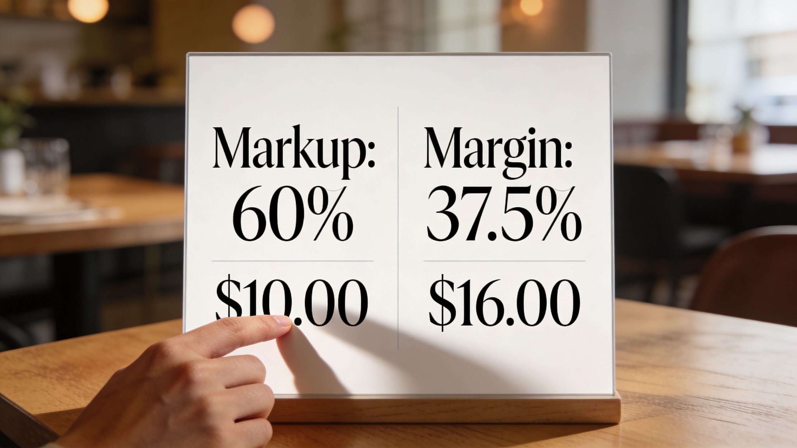 A hand points to a display sign comparing a sixty percent markup and thirty-seven point five percent margin.