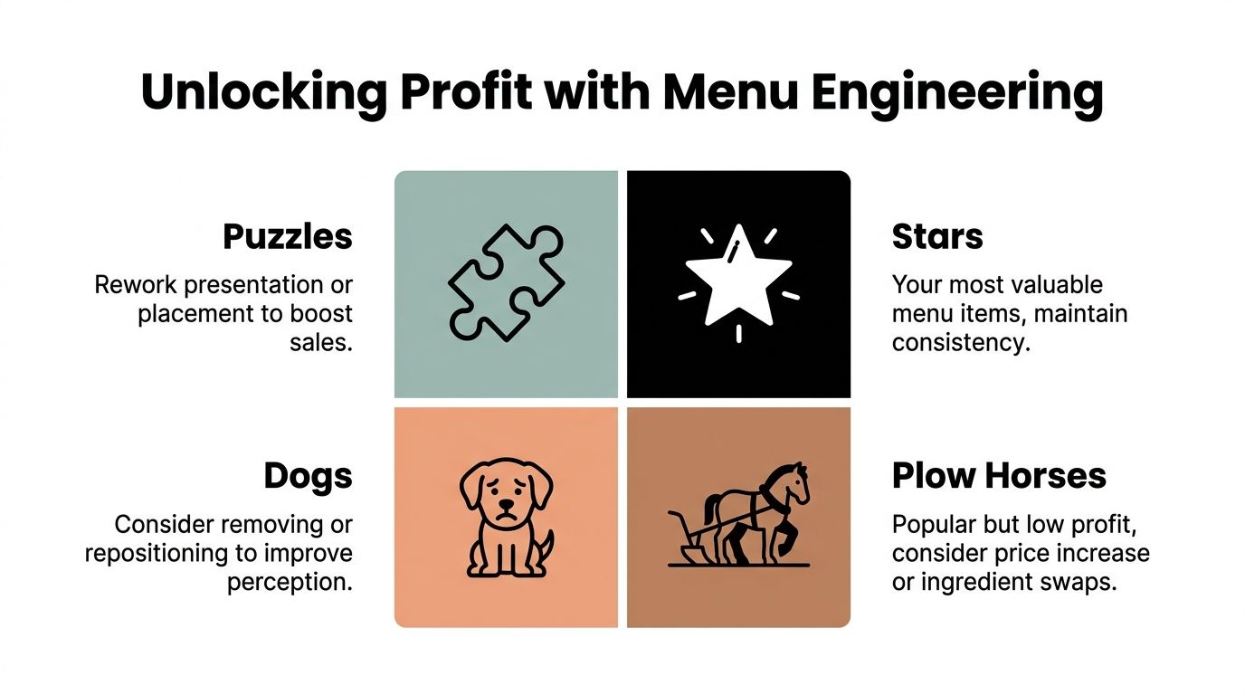 A diagram explaining menu engineering categories including puzzles, stars, dogs, and plow horses for restaurant profitability.