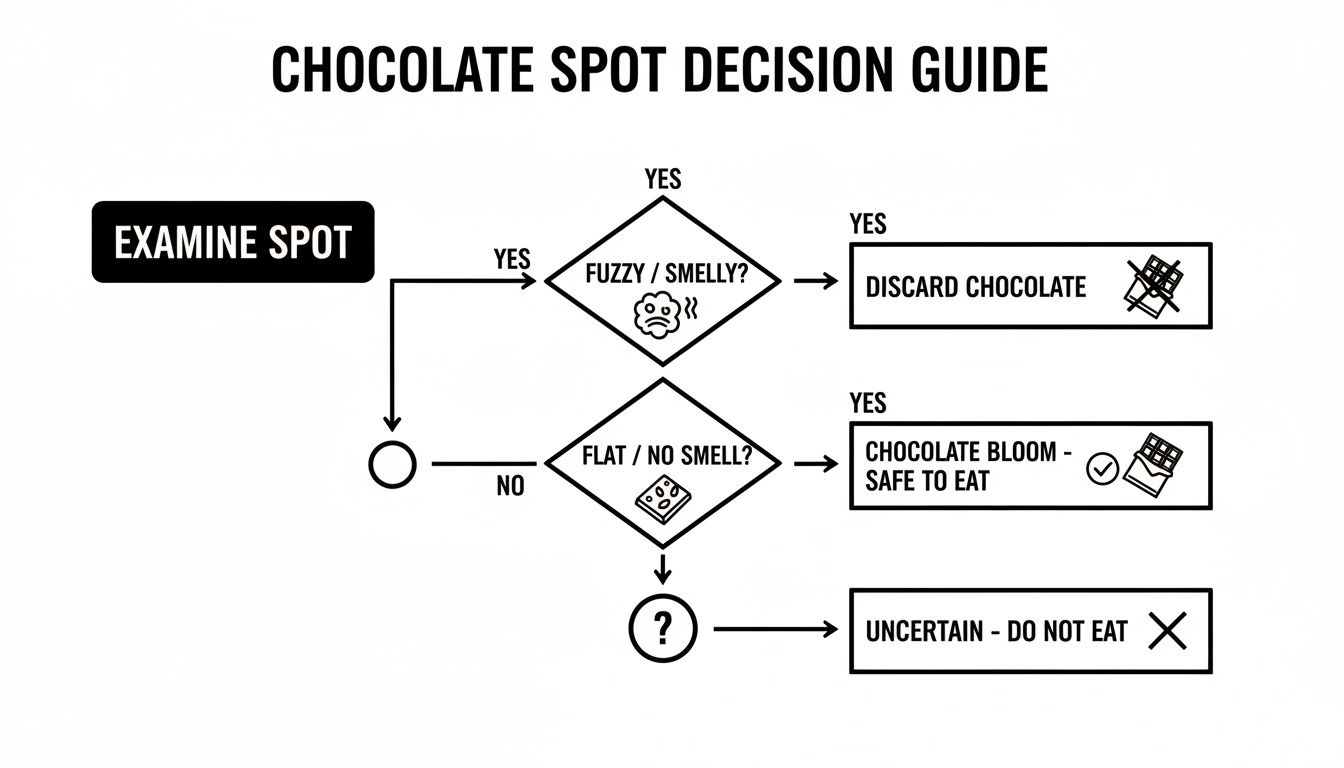 Flowchart guiding if chocolate with a spot is safe to eat, based on smell and texture.