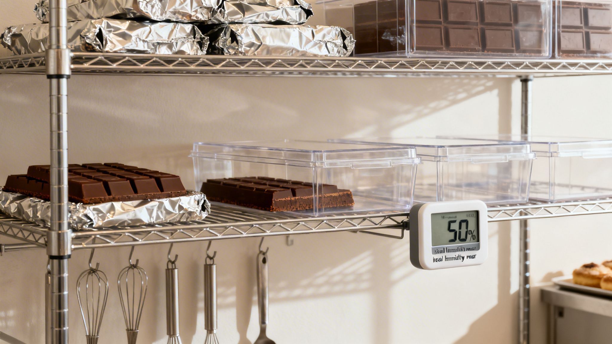 Chocolate bars stored on a metal shelving unit with a digital hygrometer displaying 50% humidity.
