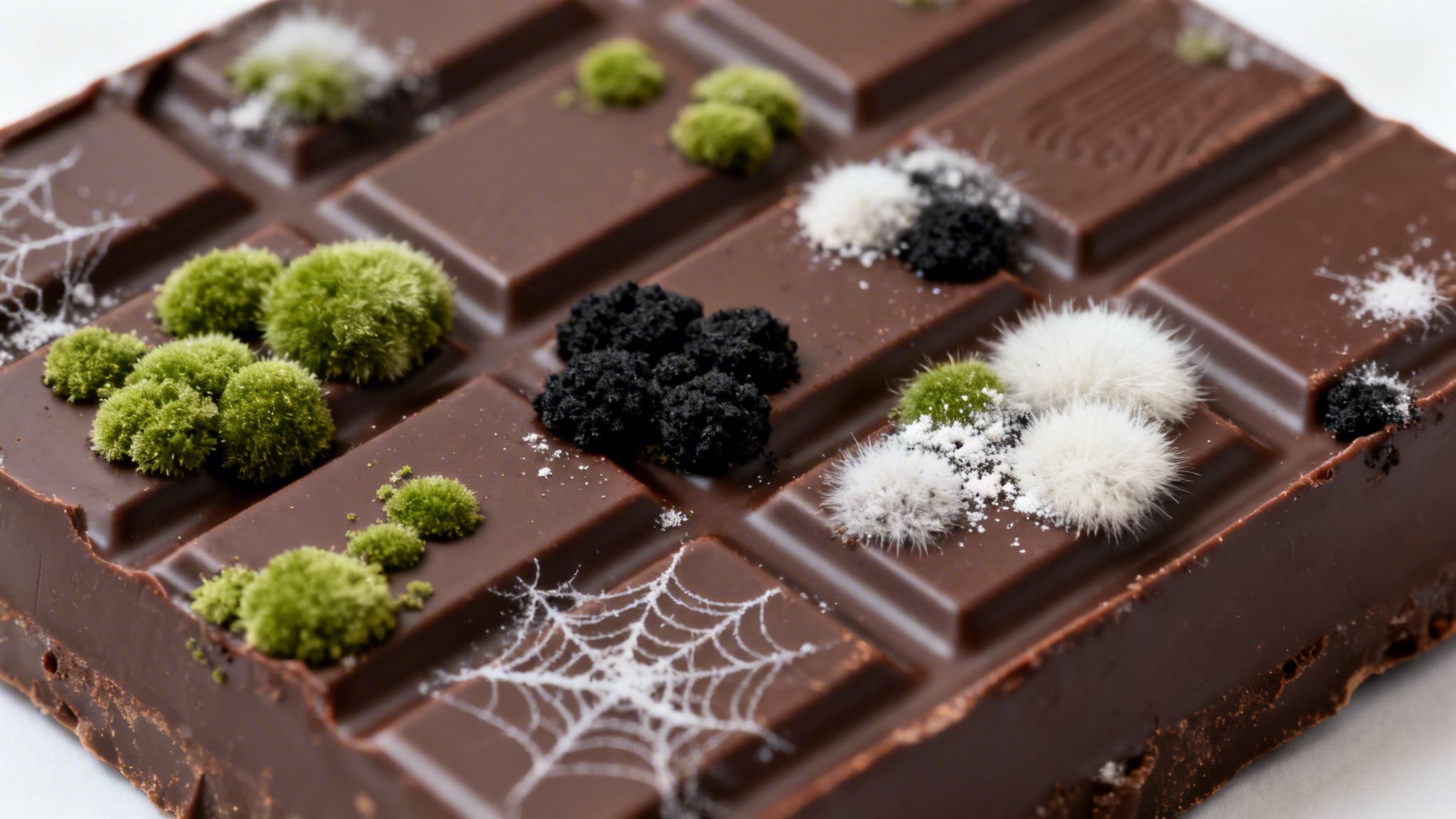Close-up of a chocolate bar decorated with green, black, and white fuzzy mould-like textures and white spiderwebs.