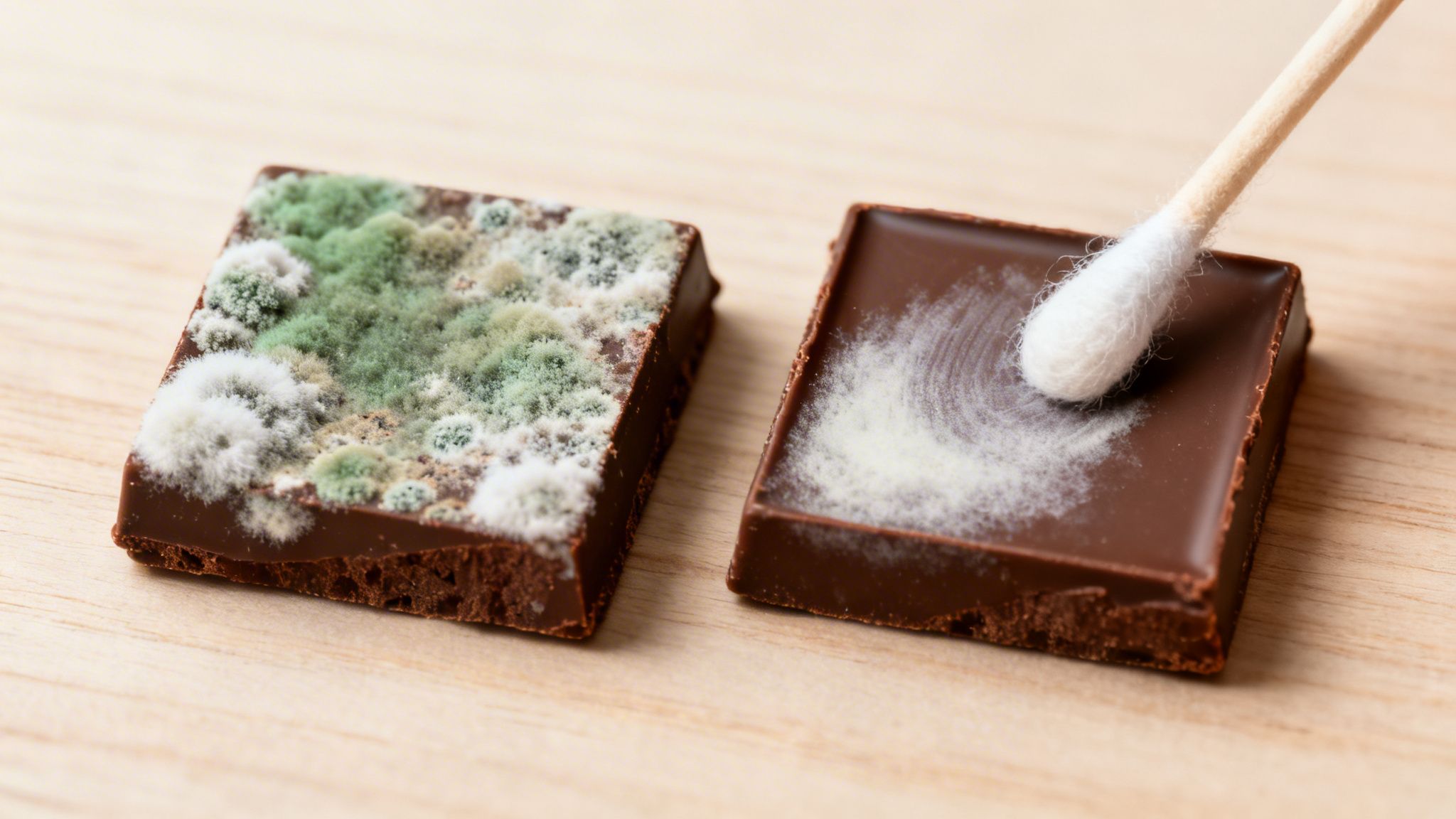 Two pieces of chocolate on wood, one covered in green and white mold, the other swabbing white powder with a cotton bud.