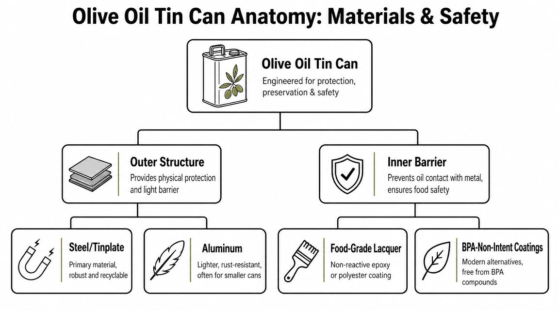 A diagram illustrating the anatomy of olive oil tin cans, highlighting outer structures and inner safety barriers.