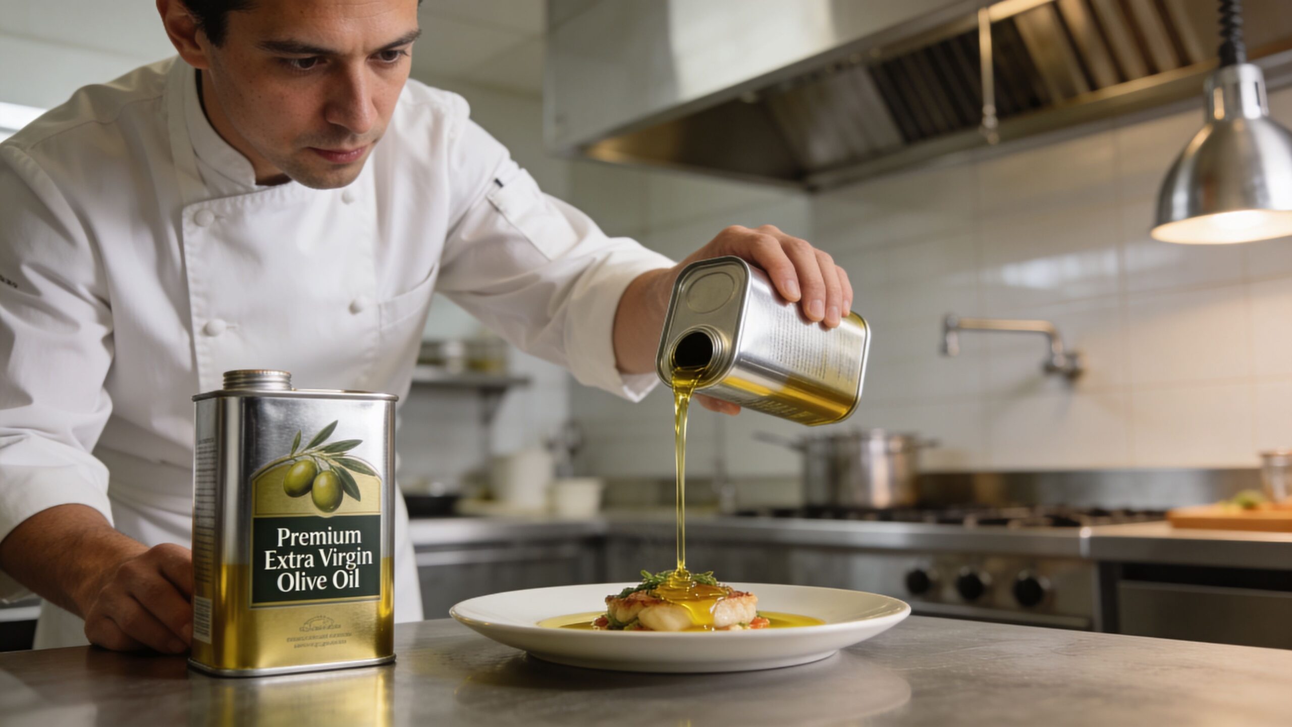 A professional chef pouring premium extra virgin olive oil from a metal tin onto a prepared dish.