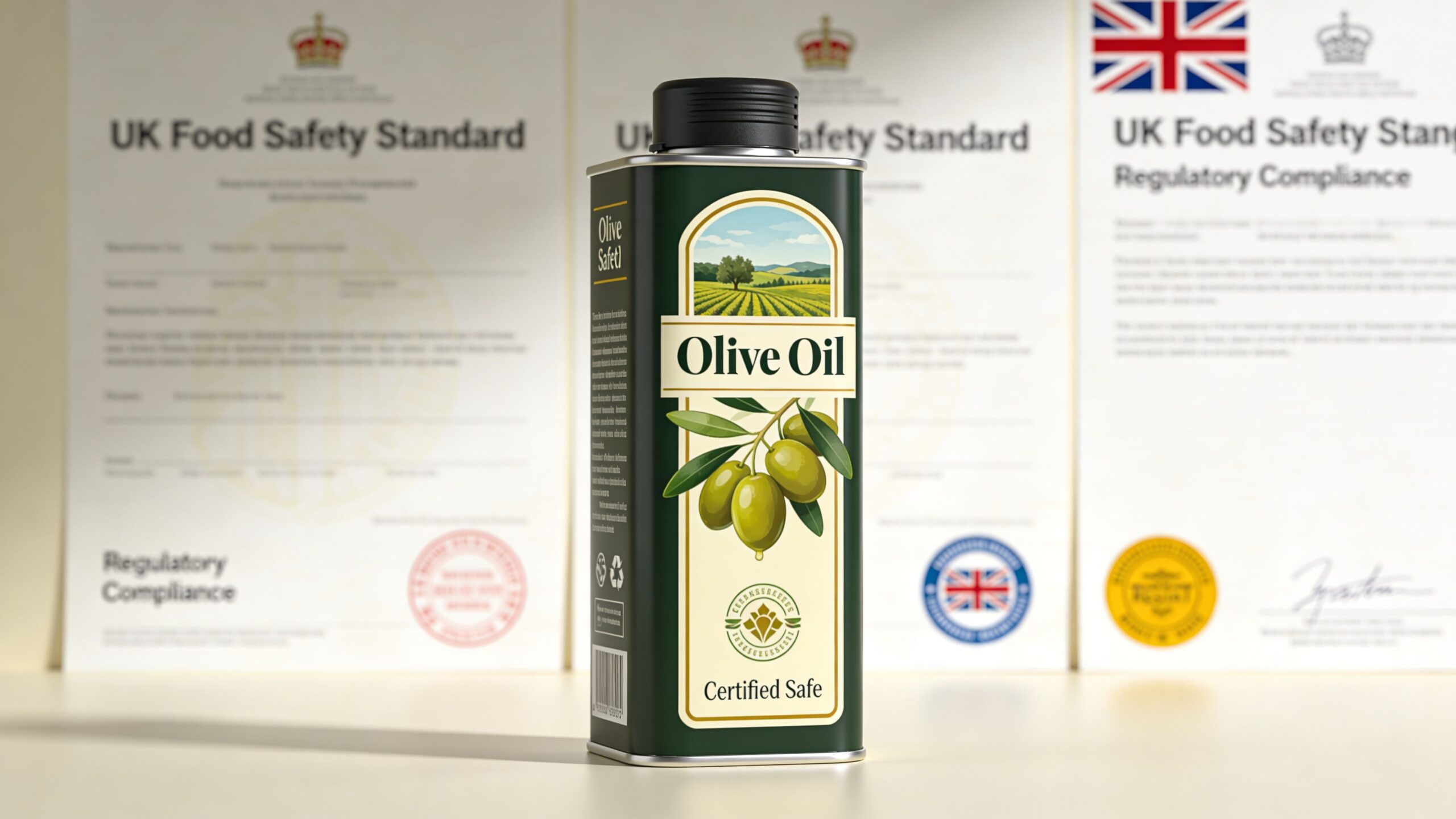 A high-quality olive oil tin container standing in front of formal UK food safety regulatory documents.