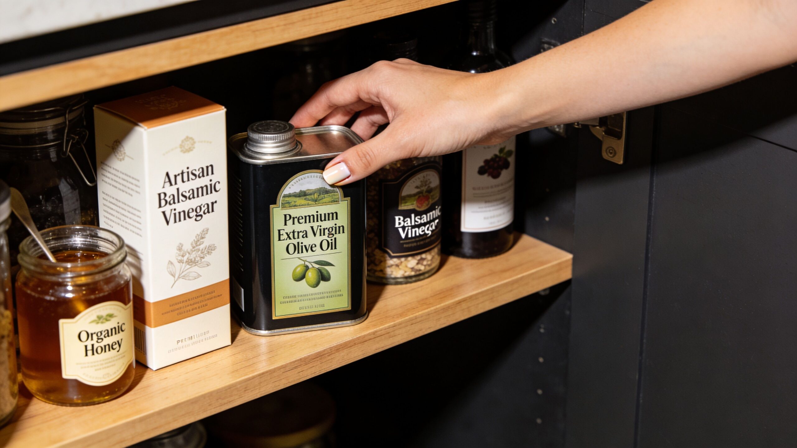 A hand selecting a tin of Premium Extra Virgin Olive Oil from a kitchen pantry shelf.