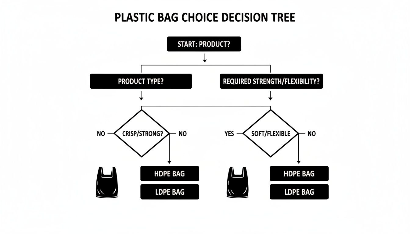 Decision tree for choosing plastic bags, considering product type, strength, and flexibility for HDPE or LDPE.