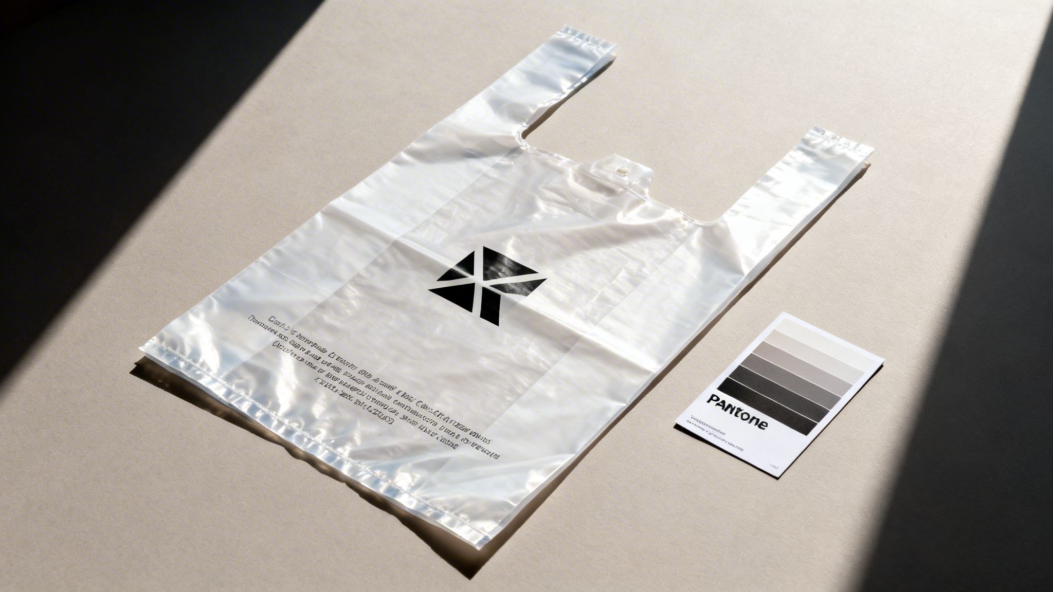 Modern transparent plastic bag with a geometric logo, beside a Pantone gray color palette.