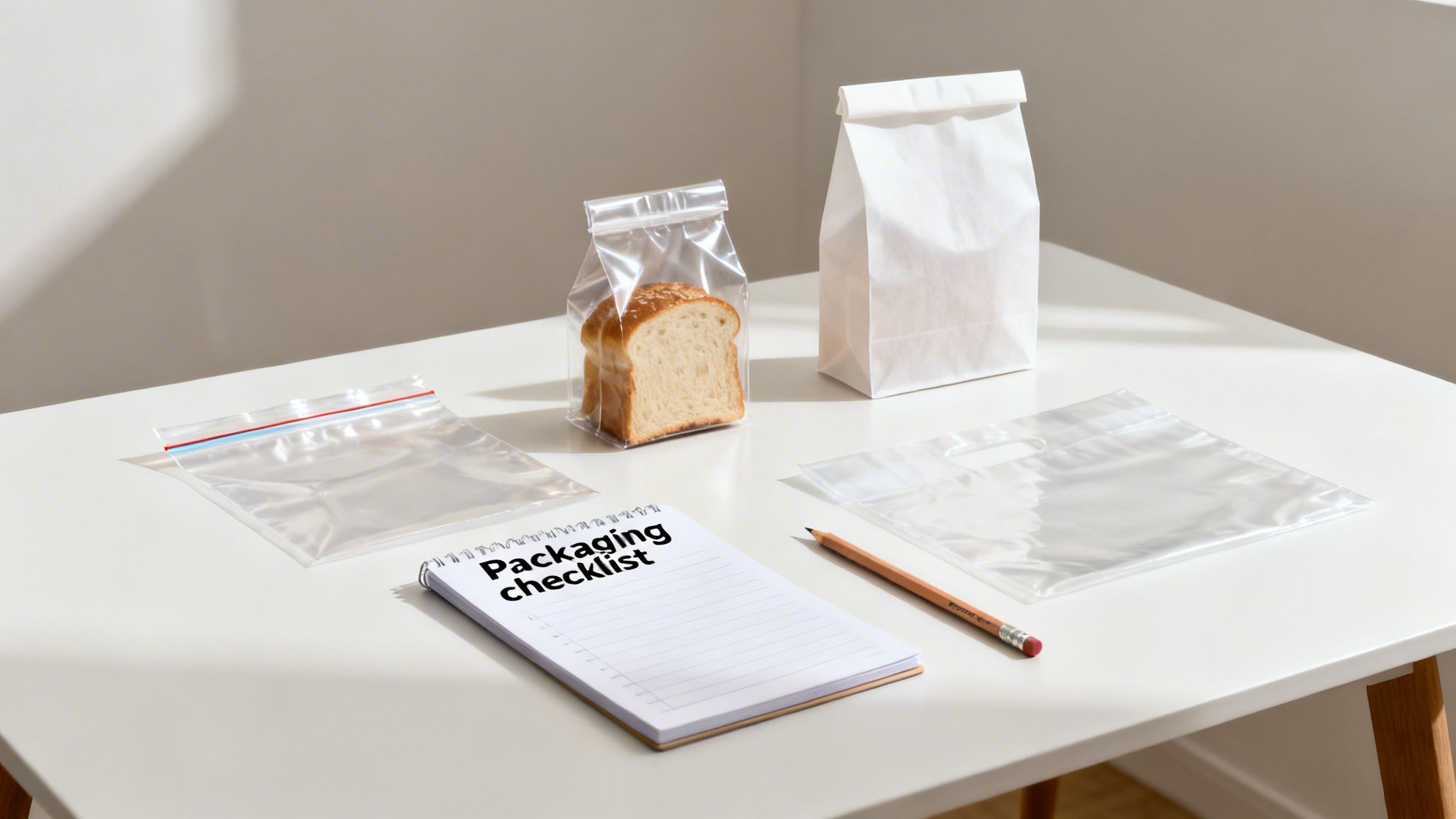 Various packaging options including plastic bags, a paper bag, bread, a checklist, and pencil on a white table.