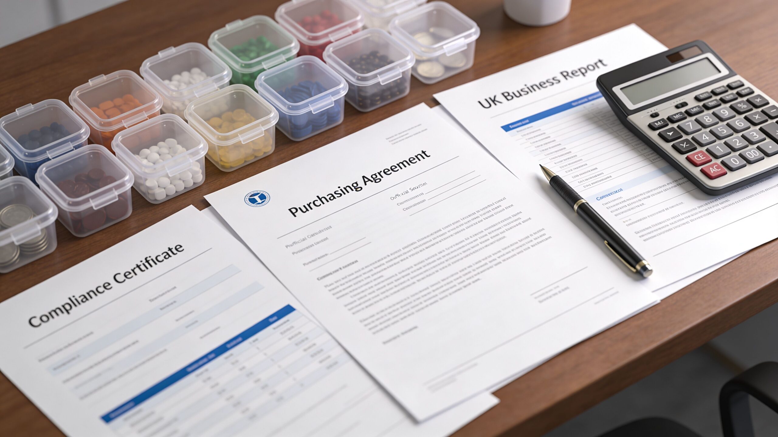 A workspace featuring a purchasing agreement, a UK business report, a calculator, a pen, and containers with pills.