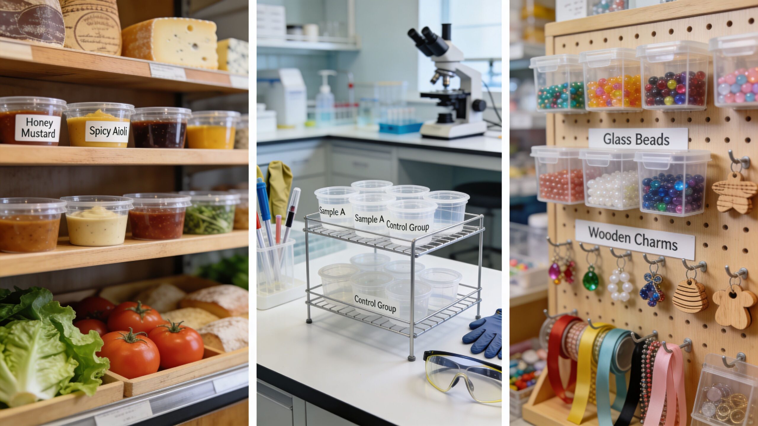 A collage showing shelves with sauces, a laboratory with sample containers, and a craft wall with beads.
