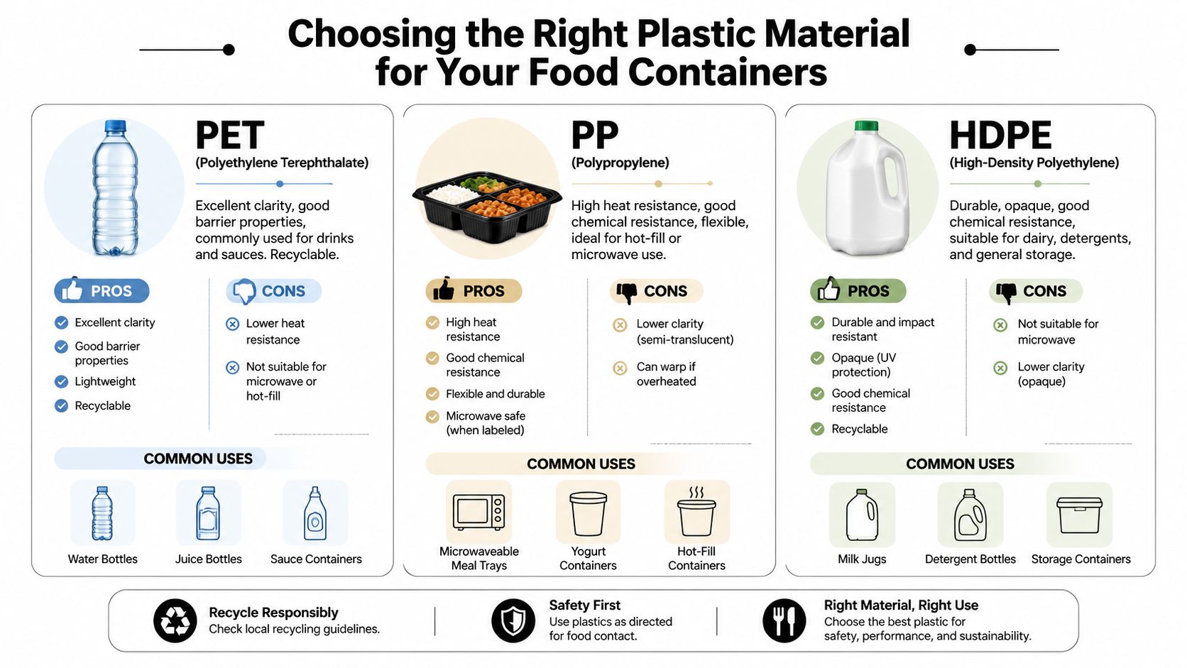 An educational infographic explaining the properties, pros, cons, and common uses of PET, PP, and HDPE plastics.
