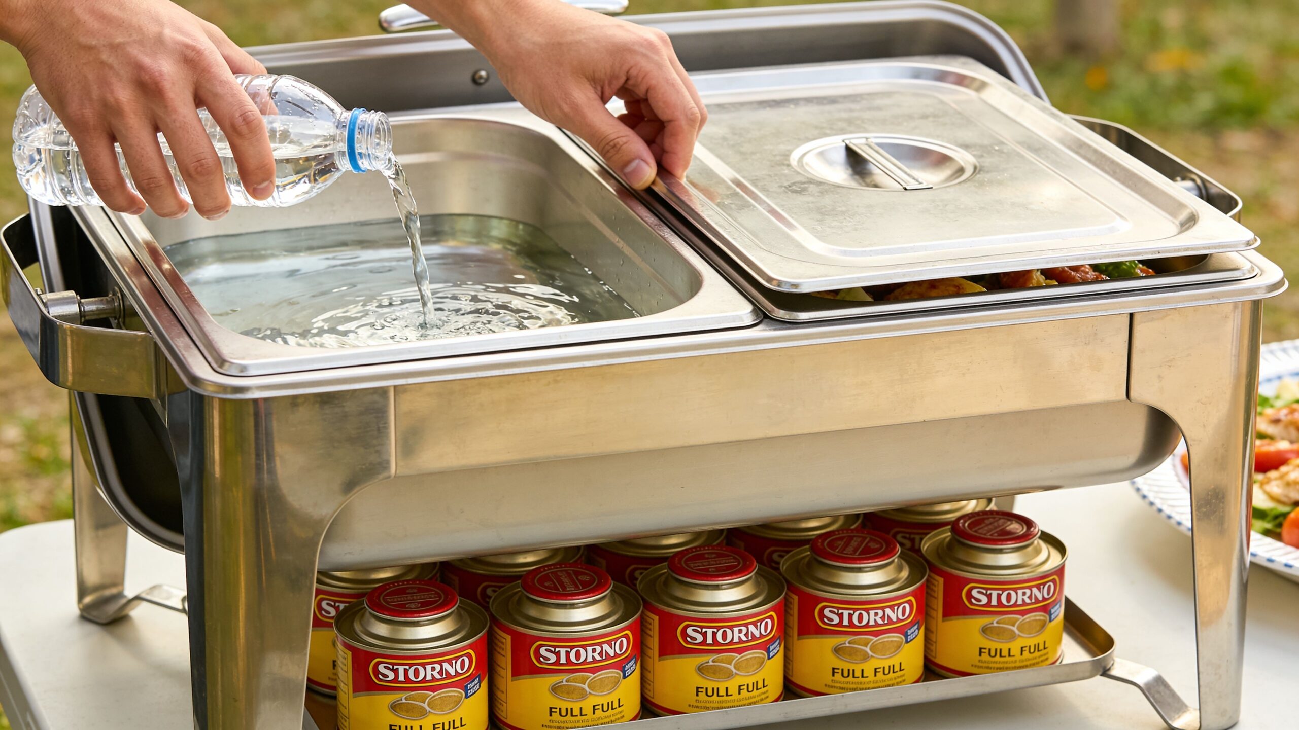 A person pouring water into a metal chafing dish setup with fuel canisters underneath for heating food.