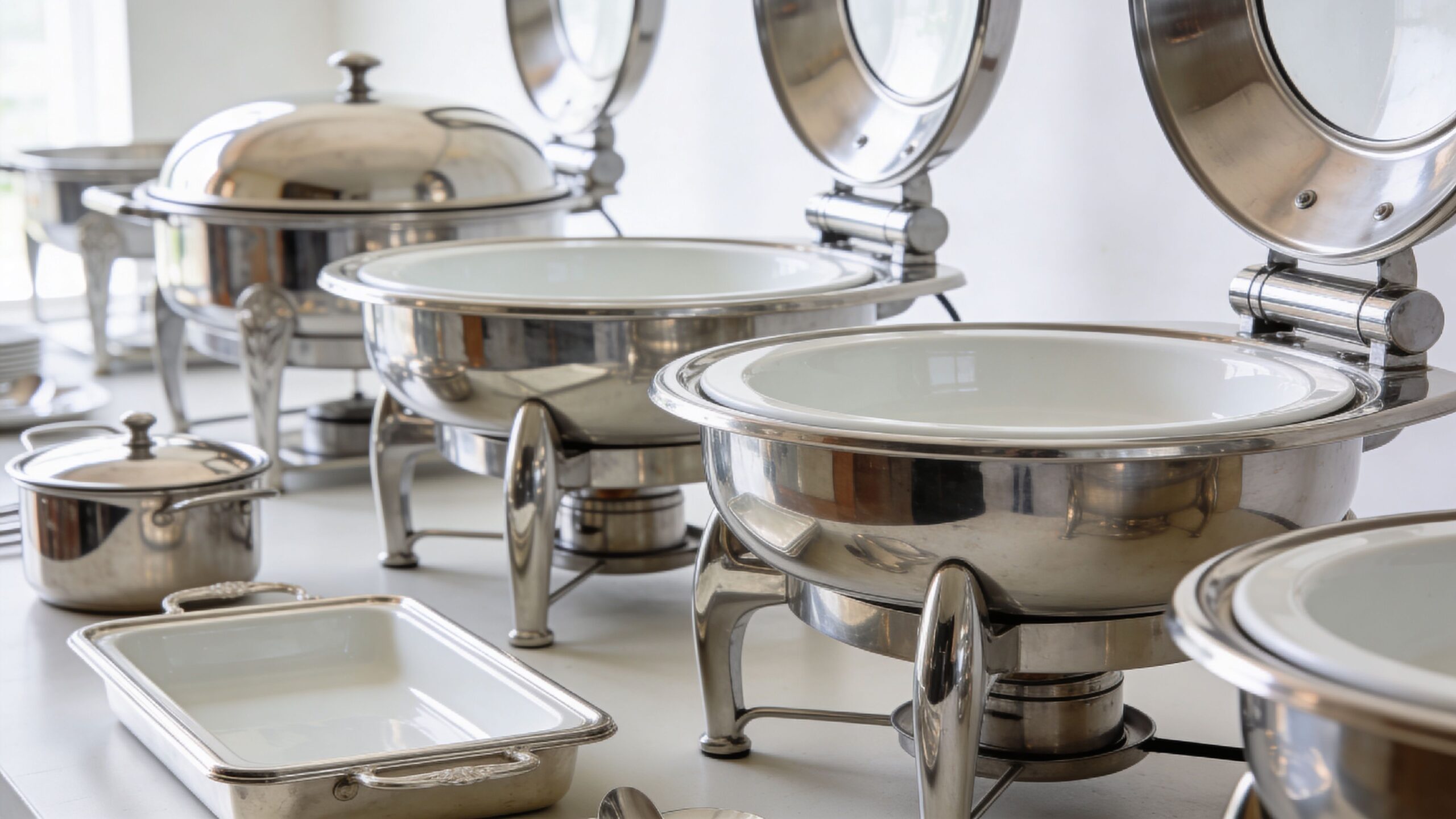 A professional catering setup featuring multiple shiny stainless steel chafing dishes and a serving tray on white.
