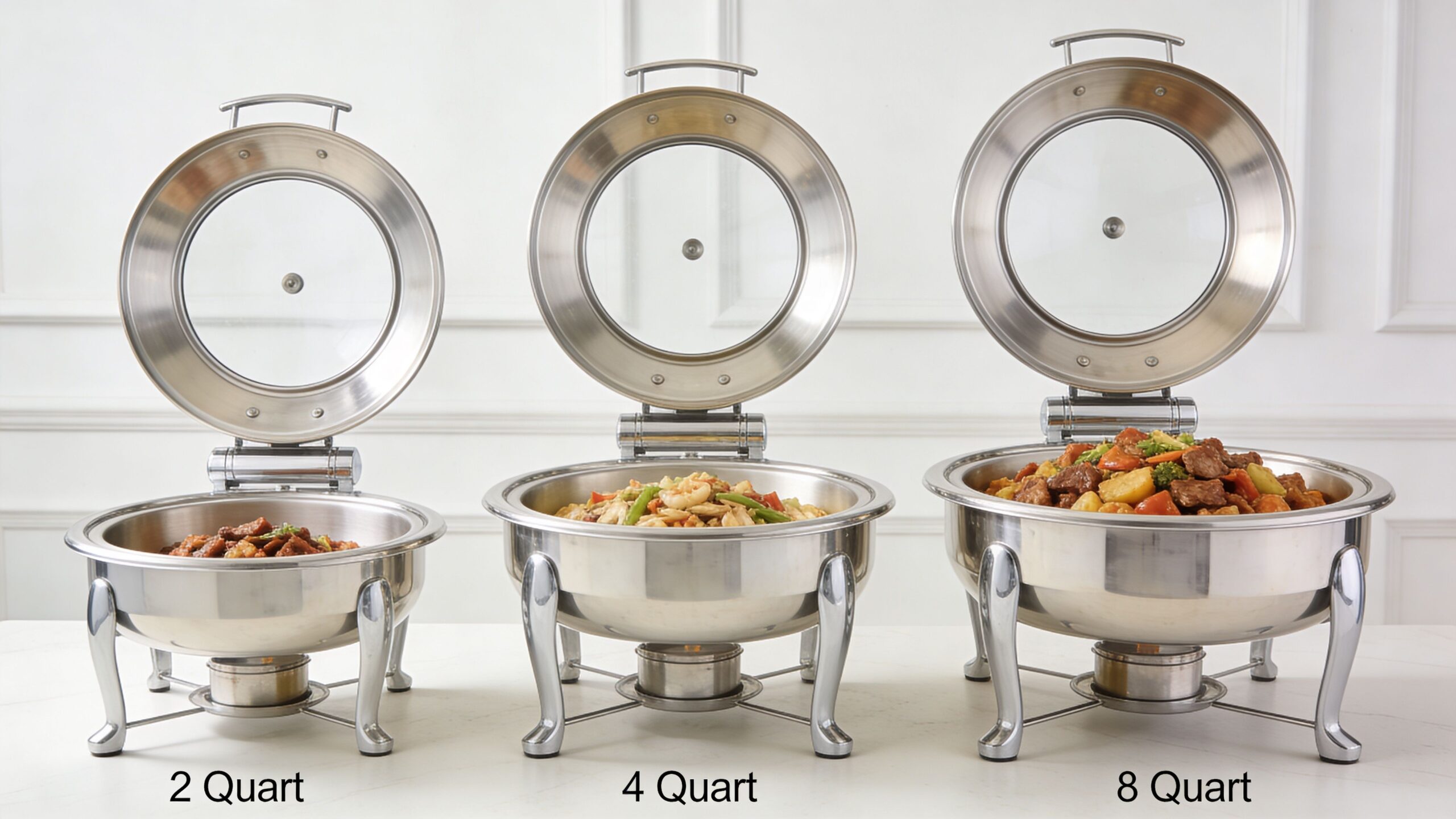 Three stainless steel round chafing dishes of different sizes, holding prepared food, displayed on a white surface.