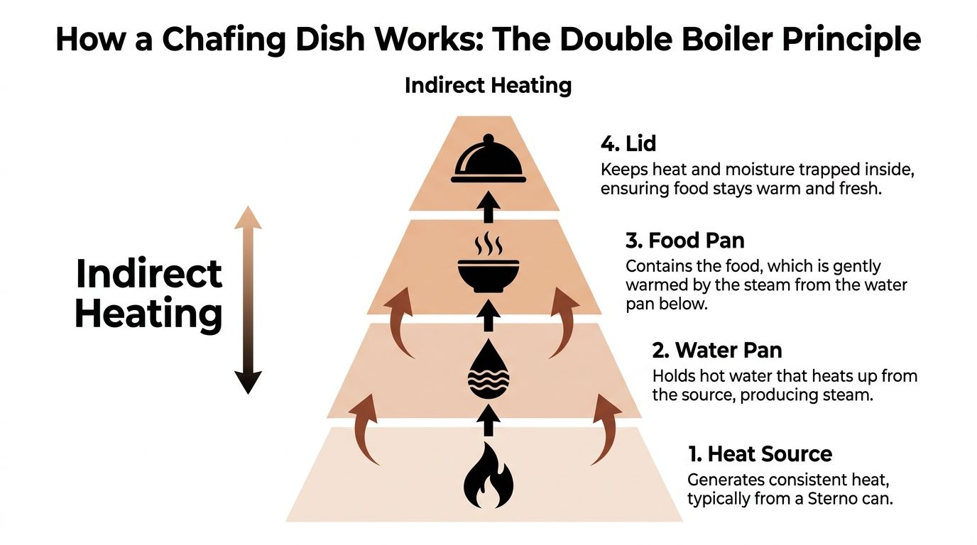 A diagram illustrating the double boiler principle and indirect heating process used in a chafing dish.