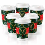 CHEF ROYALE Pack of 25 8oz Christmas Double Wall Paper Cups for Hot Drinks (with lids)