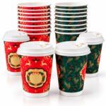 CHEF ROYALE Pack of 500 12oz Christmas Double Wall Paper Cups for Hot Drink (with lids)
